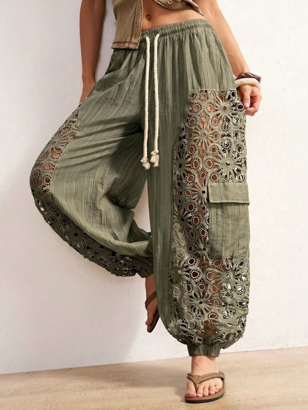 Women's Casual Boho Woven Patchwork Loose Fit Long Pants Vacation - Picture 1 of 8